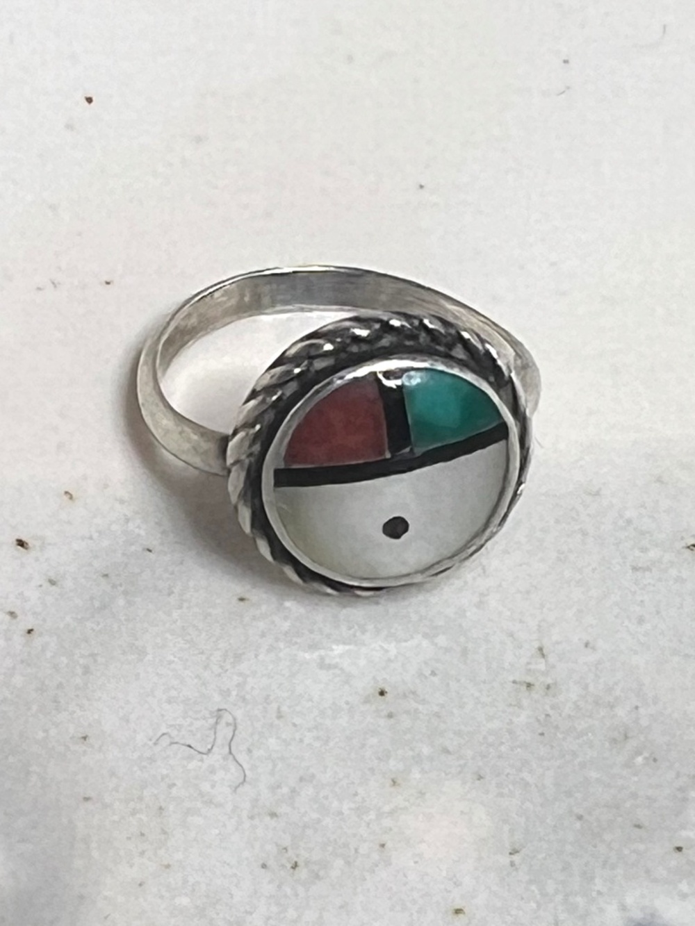 1970s Zuni Sunface Ring • Sterling Silver Turquoise Coral Inlay Band
